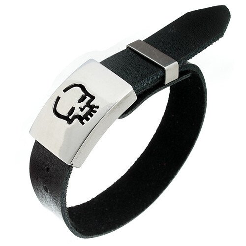 Engraved Skull Mens Bracelet Leather Strap Wristband, Stainless Steel, Great Gift - Image 5