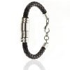Mens Leather Bracelet Wristband, Braided Platted Cords Stainless Steel Links - Thumbnail Image 2