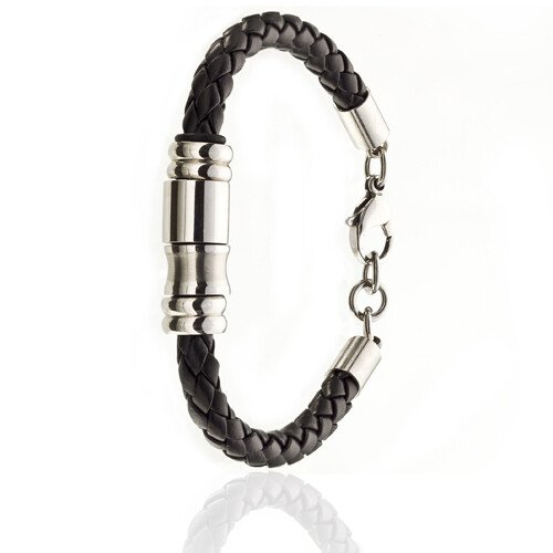 Mens Leather Bracelet Wristband, Braided Platted Cords Stainless Steel Links - Image 2