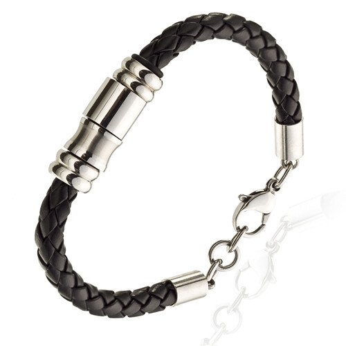 Mens Leather Bracelet Wristband, Braided Platted Cords Stainless Steel Links - Image 3