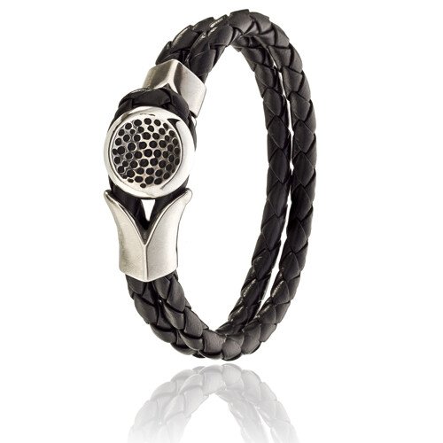 Mens Bracelet Black or Brown Twin Leather Platted Cords Wristband, Button Fasten - Image 2