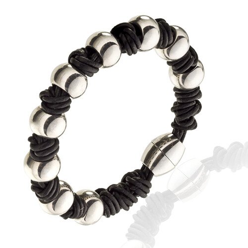 Mens Genuine Leather Bracelet Wristband, Knotted Style with Magnetic Balls Fasten - Image 2