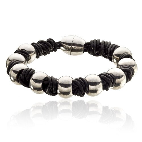 Mens Genuine Leather Bracelet Wristband, Knotted Style with Magnetic Balls Fasten - Image 3