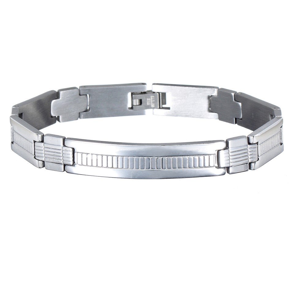 Mens Slim Bracelet Solid Stainless Steel Silver Wrist Band, Retro Links, Janeo - Image 2