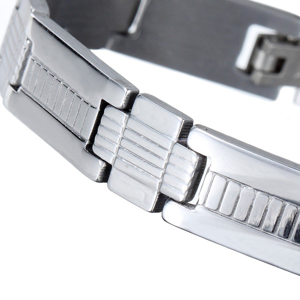 Mens Slim Bracelet Solid Stainless Steel Silver Wrist Band, Retro Links, Janeo - Image 3