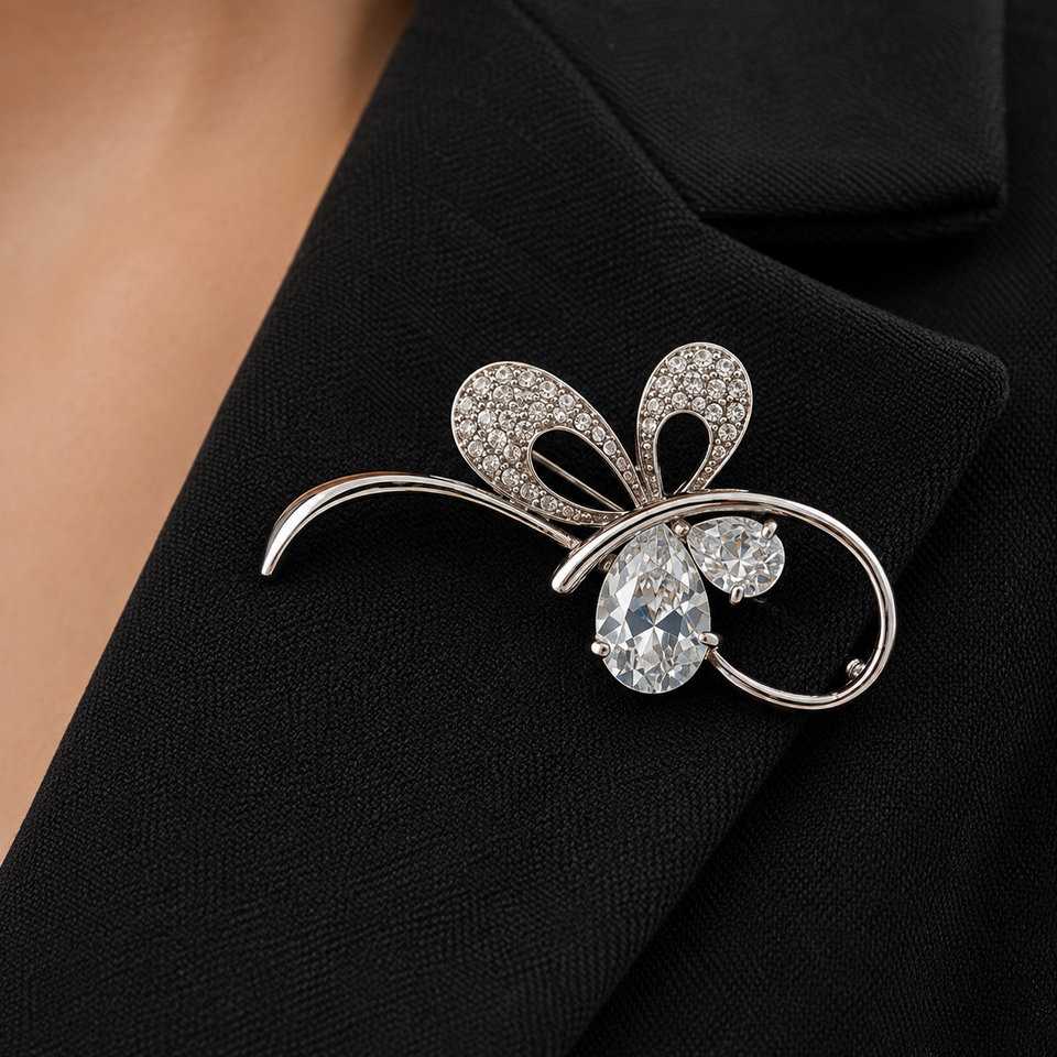 Paisley Contour Brooch Pin, Silver Rhodium Plated, Clear Crystal. SALE (2Pc) - Image 2
