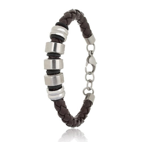 Mens Braided Leather Cord Strap Wristband Bracelet, Stainless Steel Rings, Fasten - Image 2