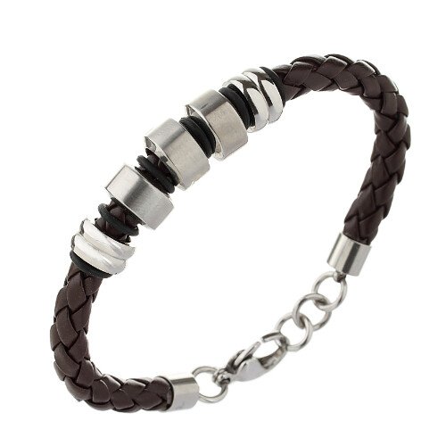 Mens Braided Leather Cord Strap Wristband Bracelet, Stainless Steel Rings, Fasten - Image 3