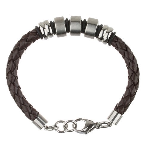 Mens Braided Leather Cord Strap Wristband Bracelet, Stainless Steel Rings, Fasten - Image 5