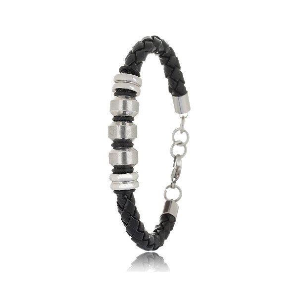 Mens Braided Leather Cord Strap Wristband Bracelet, Stainless Steel Rings, Fasten - Image 7