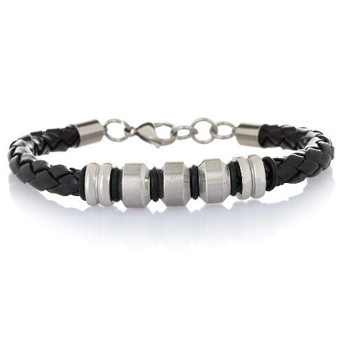 Mens Braided Leather Cord Strap Wristband Bracelet, Stainless Steel Rings, Fasten - Image 8