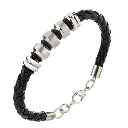 Mens Braided Leather Cord Strap Wristband Bracelet, Stainless Steel Rings, Fasten - Image 9