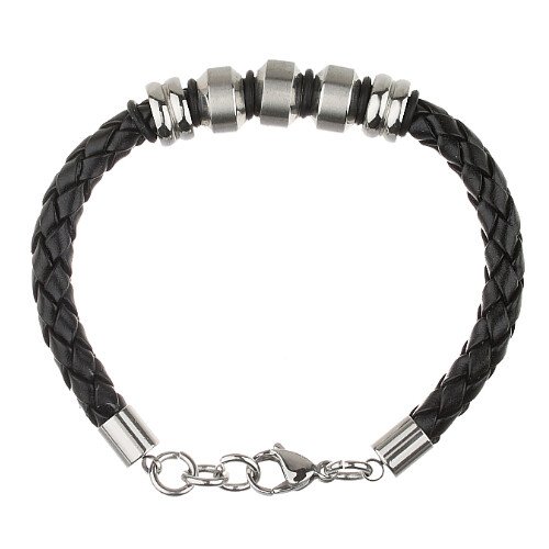 Mens Braided Leather Cord Strap Wristband Bracelet, Stainless Steel Rings, Fasten - Image 11
