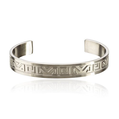 Mens Stainless Steel Cuff Bracelet, WristBand, Etched Engraved Greek Key Pattern - Image 4