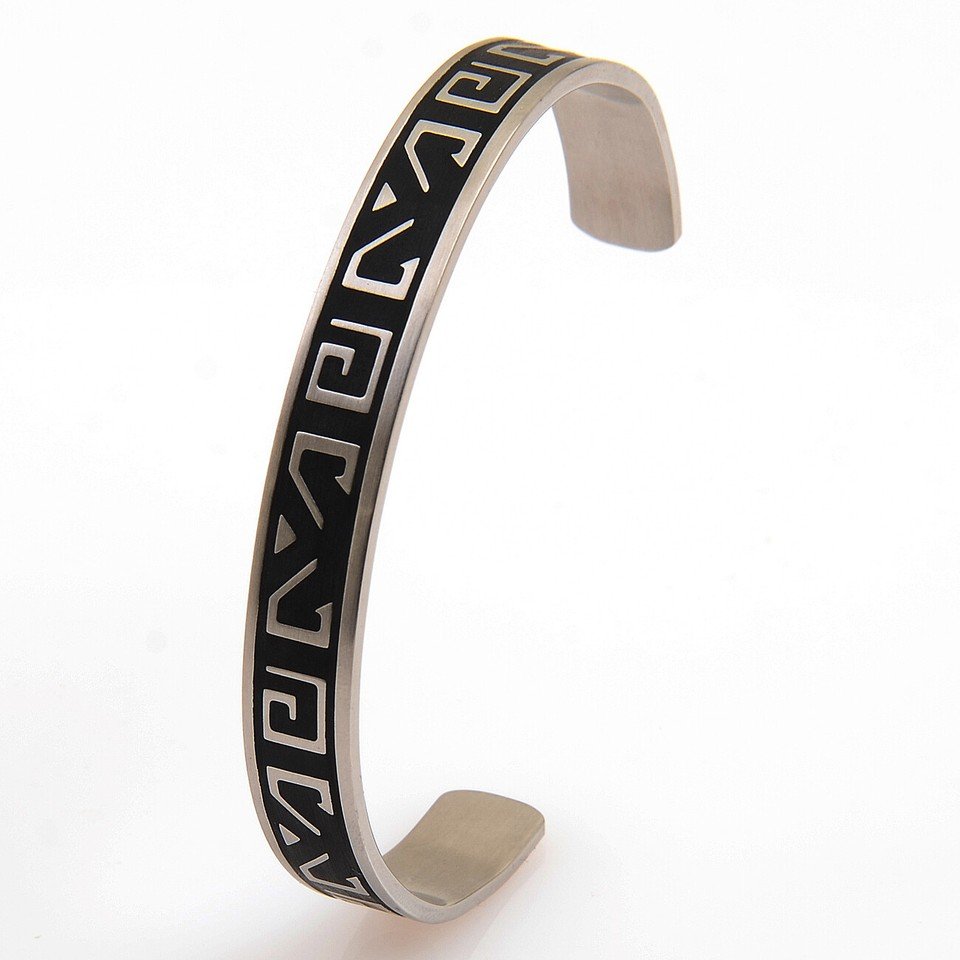 Mens Stainless Steel Cuff Bracelet, WristBand, Etched Engraved Greek Key Pattern - Image 7