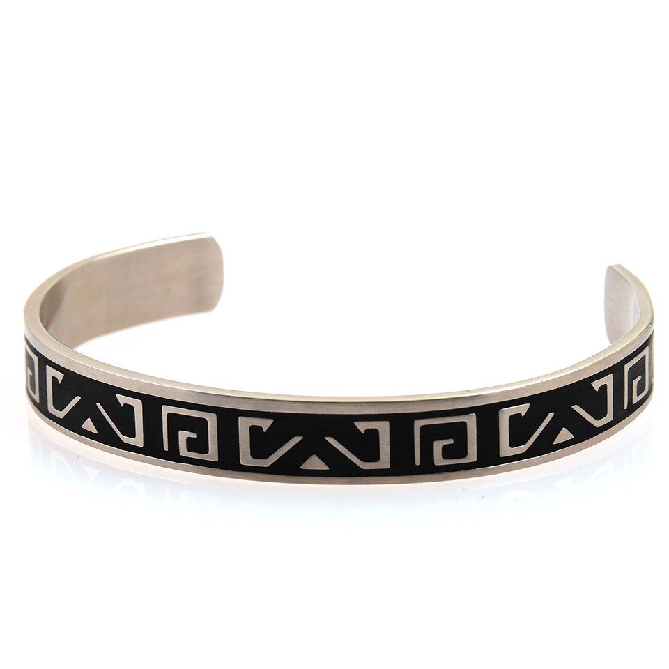 Mens Stainless Steel Cuff Bracelet, WristBand, Etched Engraved Greek Key Pattern - Image 8