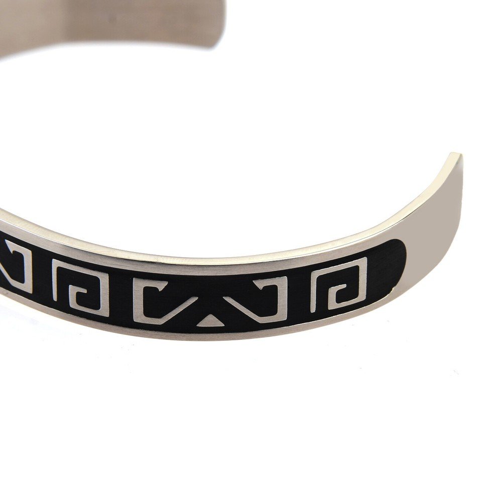 Mens Stainless Steel Cuff Bracelet, WristBand, Etched Engraved Greek Key Pattern - Image 9