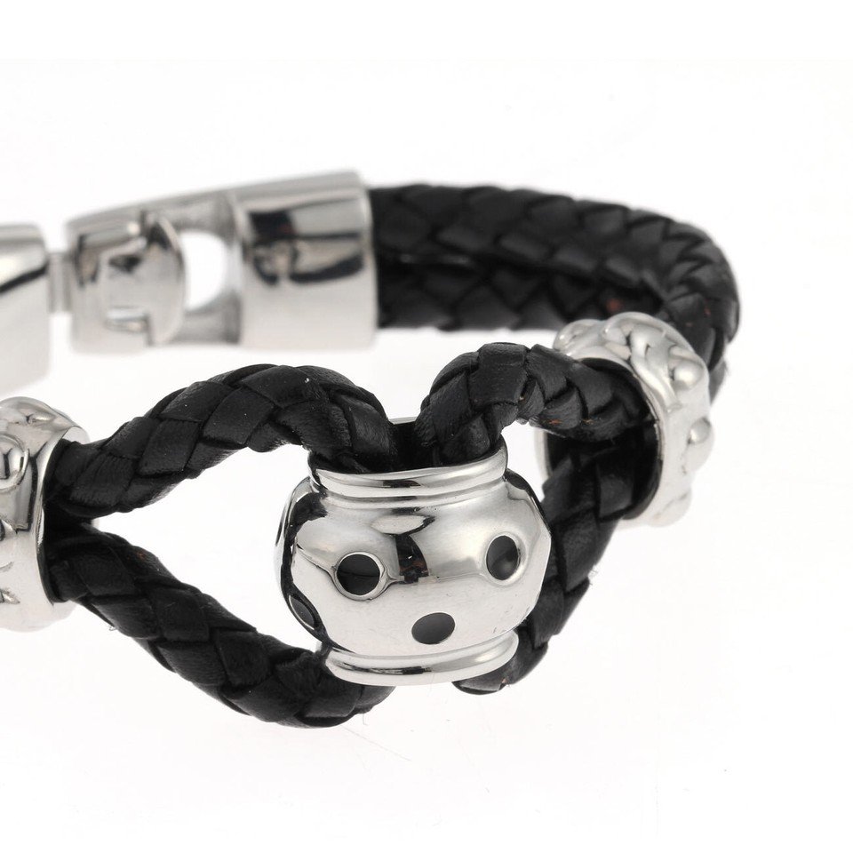 Teenagers Leather Wristband Bracelet, Twin Leather Platted Cords, Stainless Steel - Image 4