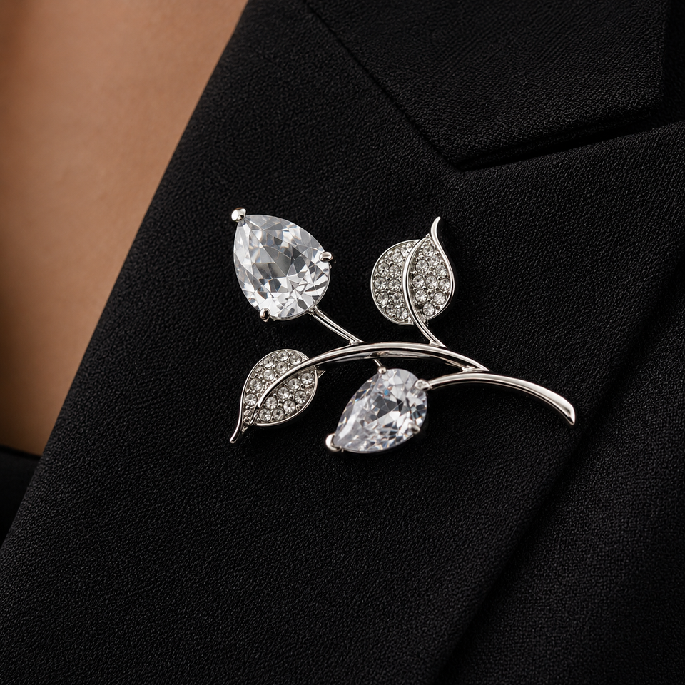 Leaf & Pear Drop Brooch Pin, Womens Lapel Jewelry, Czech Crystal, SALE (2Pc) - Image 2